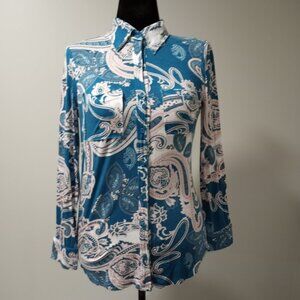RUBBER DUCKY PRODUCTIONS INC TEAL|CREAM PAISLEY BLOUSE WOMEN SIZE M